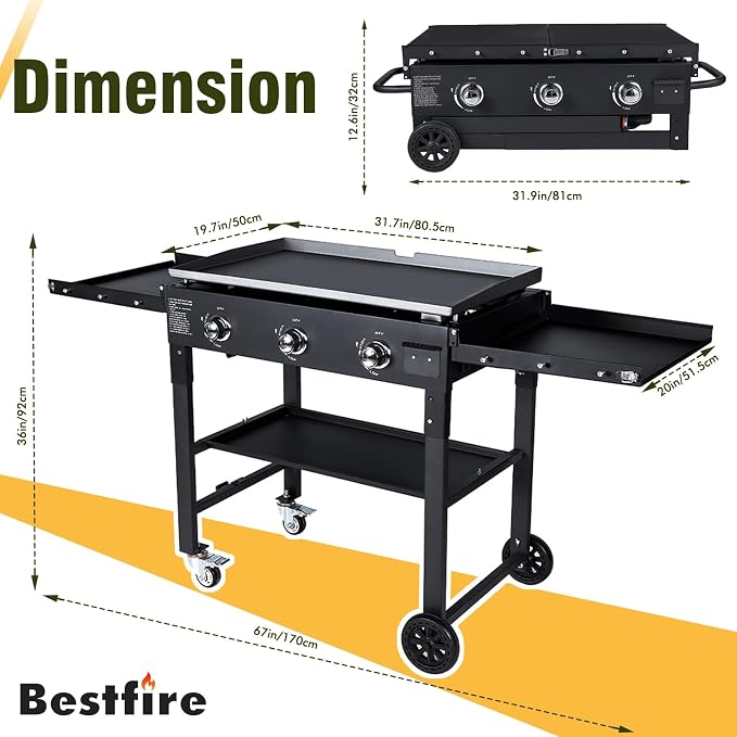 BESTFIRE Foldable Flat Top Grill, Outdoor Griddle-3 Burner Propane Griddle - Image 2