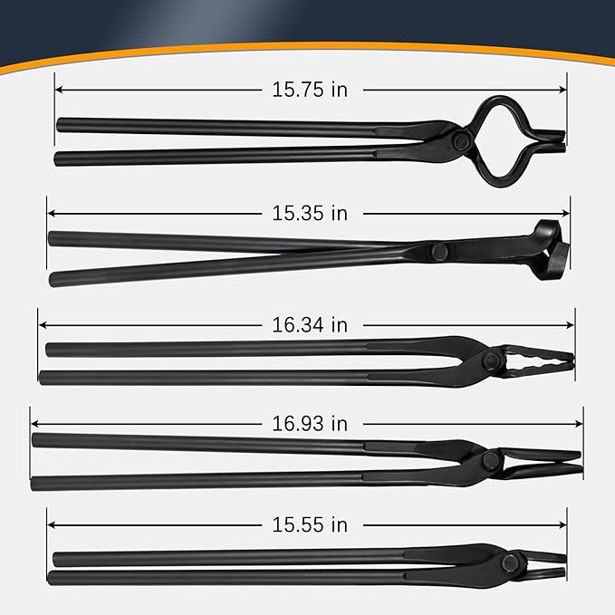 Tongs Set, 5-Piece Black Steel with V-Bit and Wolf Jaw