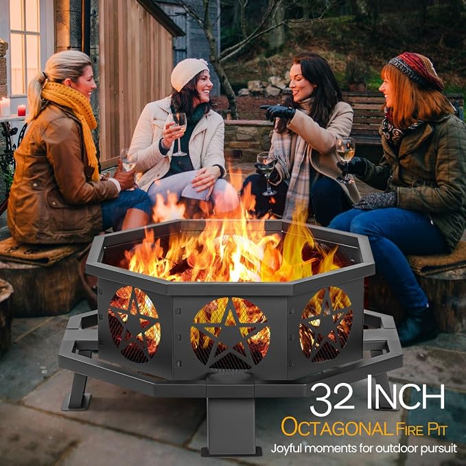 32 Inch Small Octagonal Fire Pit, Outdoor Wood Burning Fire Pits - Image 4