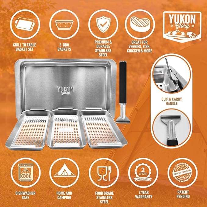 Yukon Glory BBQ Vegetable Grill Basket Set, Stainless Steel, 3 Baskets - Image 5