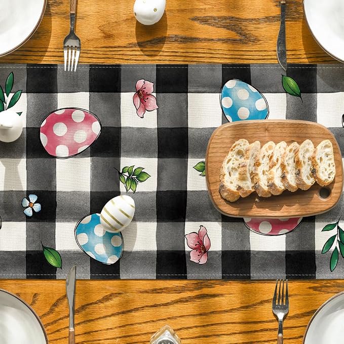 Artoid Mode Buffalo Plaid Bunny Egg Flowers Happy Easter Table Runner, Seasonal - Image 7