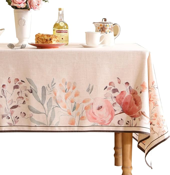 Linen Rectangle Tablecloth, French Vintage Pink Floral Pattern Wrinkle Free by bilingaier