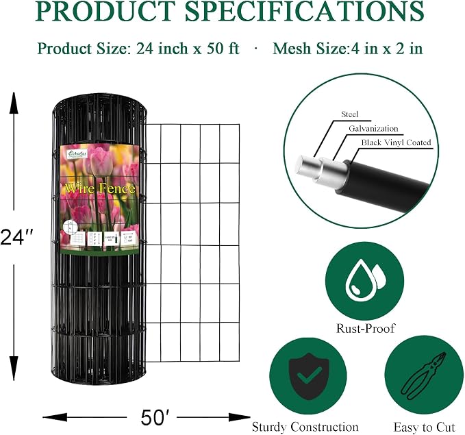 Black PVC Coated Welded Wire Fence 24 Inch x 50 Foot, 2 Inch x 4 Inch 14GA - Image 3