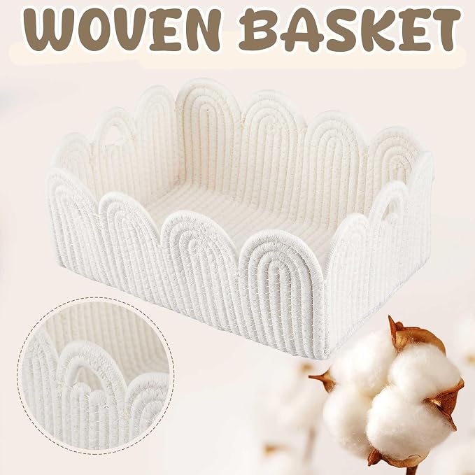 2 Pcs Small White Scalloped Wicker Hand-Woven Rattan Baskets - Image 2