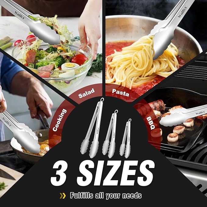 Tongs Set of 3, Stainless Steel BBQ Tongs in 7, 9 and 12 Inch