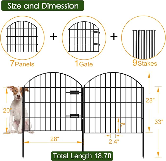 Metal Garden Fence with Gate 28in x 18.7ft, 1 Gate + 7 Panels Dog Fence Border - Image 4