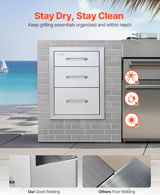 VEVOR 14x20.3 Inch Outdoor Kitchen Drawers Stainless Steel, Flush Mount Triple - Image 4