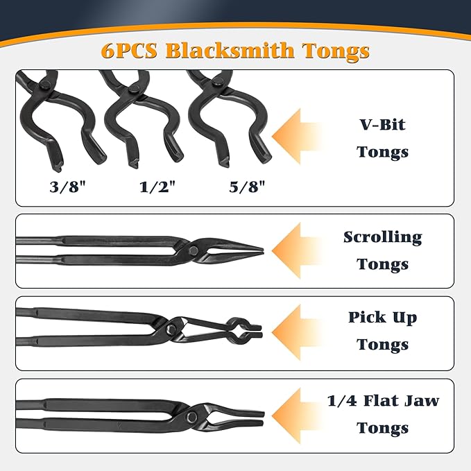 Forge Tongs, 6 Pieces with V-Groove and Flat-Jaw Styles