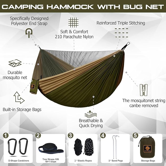 Hammock with Built-In Mosquito Net, Double Nylon, Green and Khaki