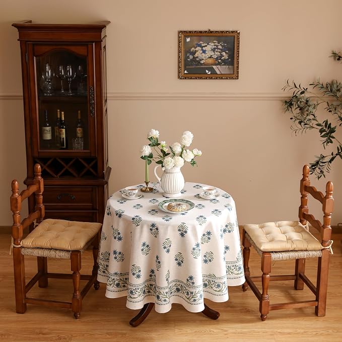 ISAENNE Designer White Linen Small Round Tablecloth, Chinoiserie Floral Elegant - Image 9