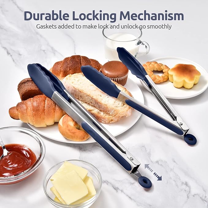 Silicone-Tipped Kitchen Tongs with Lock, Midnight Blue