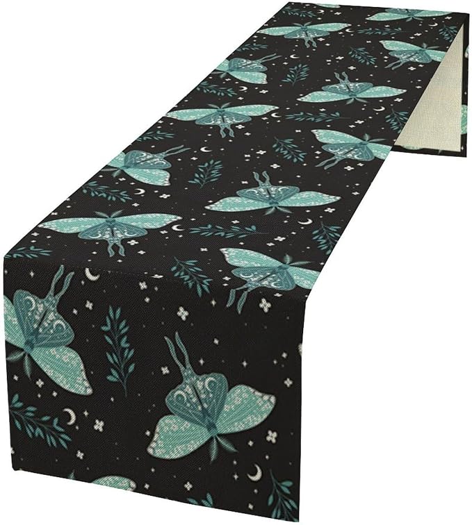 Butterfly Moth Table Runner, Boho Moon Green Leaves Plant Print Table Runner by Unknown