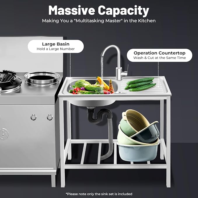 Portable Outdoor Utility Sink, Free Standing Single Bowl Kitchen Sink - Image 5
