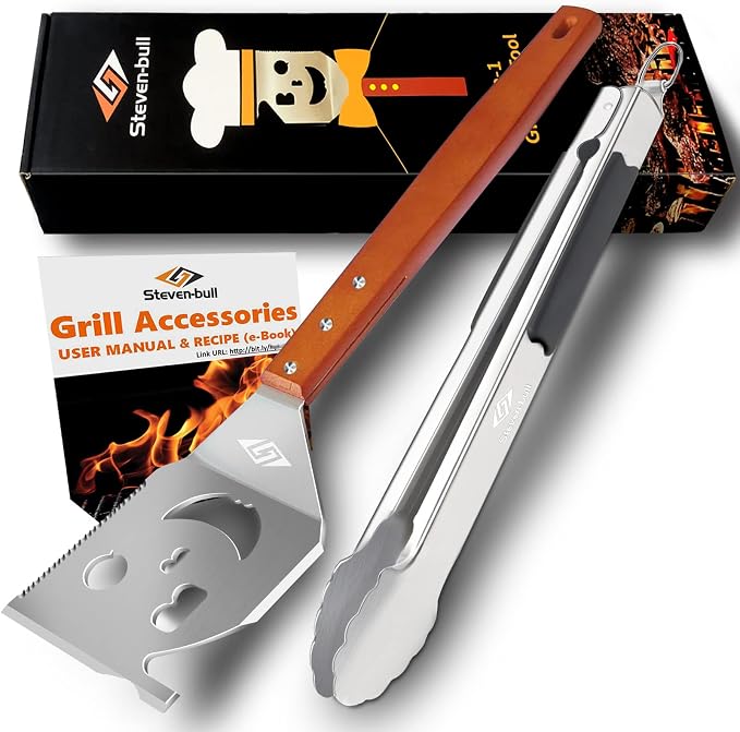 Heavy Duty BBQ Grill Tongs and Spatula by STEVEN-BULLS