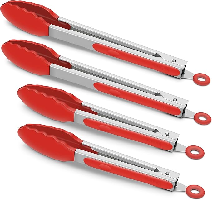 Tongs 4-Pack in Red with Locking Clip, Heat Resistant to 500°F