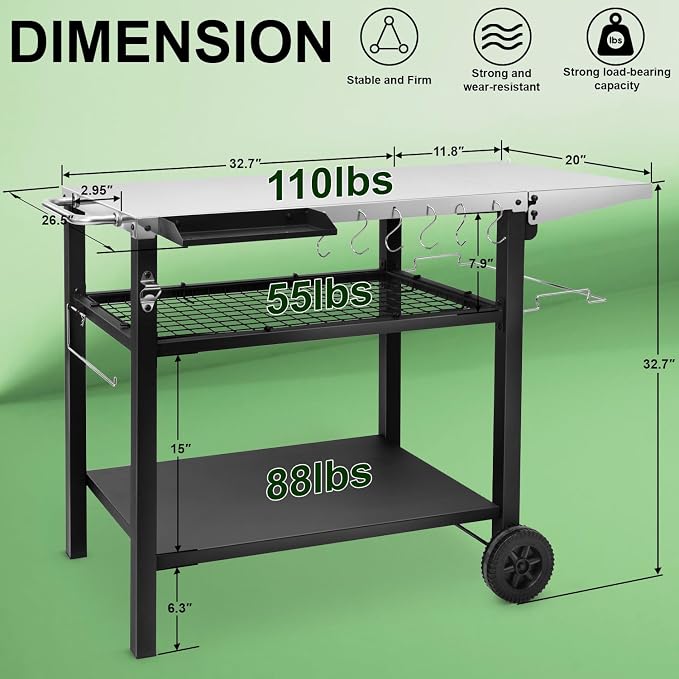 EDOSTORY Outdoor Grill Cart Pizza Oven Stand, Three-Shelf Stainless Steel Food - Image 3