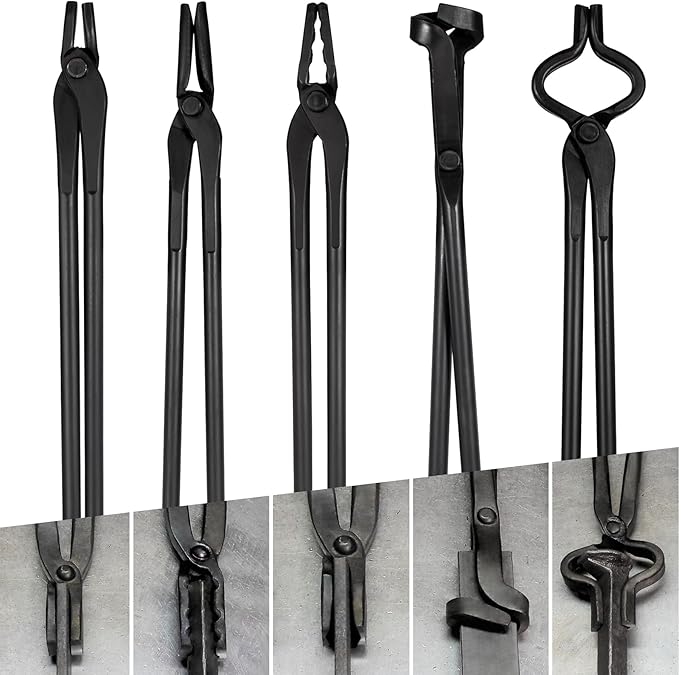 Tongs Set, 5-Piece Black Steel with V-Bit and Wolf Jaw