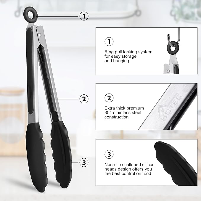 HOTEC Premium Stainless Steel Locking Kitchen Tongs - Image 6