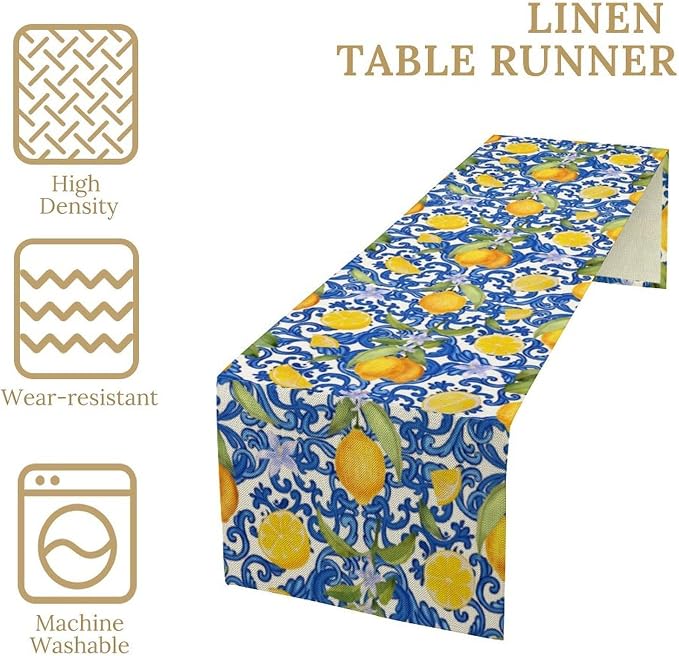 Rustic Lemon Table Runner, Vintage Morocco Blue Mediterranean Spring Summer - Image 7