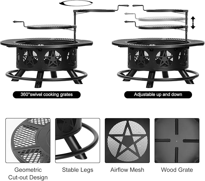 36 Inch Fire Pit with 2 Grills, Wood Burning Fire Pits - Image 6