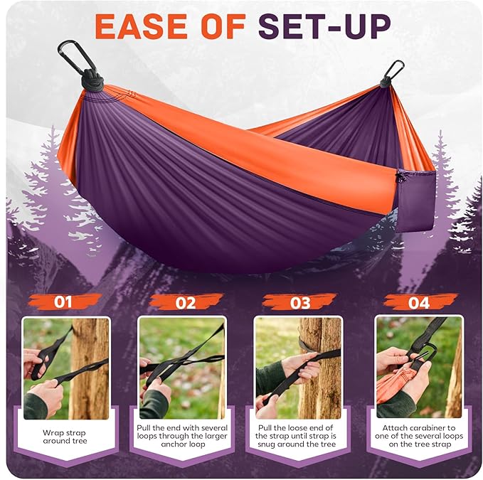 Double Camping Hammock, Nylon, 600 lb Capacity, 106 x 55 Inch