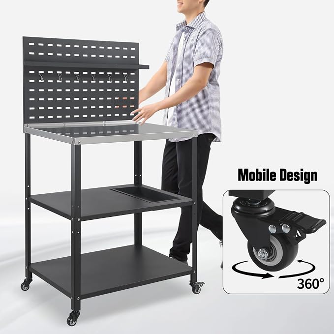 Three-Tier Grill Cart with Hanging Plate, Grill Table with 2 Locking Casters - Image 5