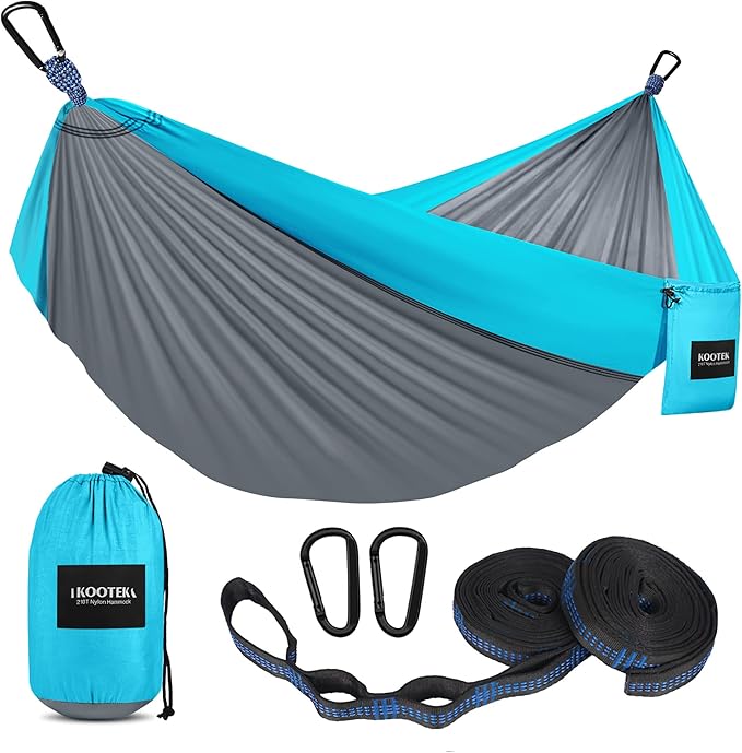 Double Camping Hammock, 500 lb Capacity, Tree Straps, Grey and Sky Blue
