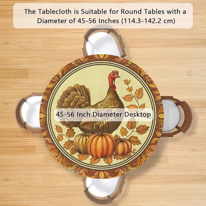 Thanksgiving Vintage Turkey Round Table Cloth Cover, Elastic Edge Waterproof - Image 2
