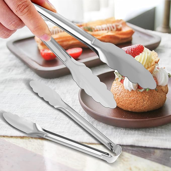 Tongs, 9 Inch Stainless Steel, Silver, 8-Pack Set