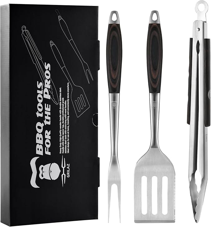 Stainless Steel BBQ Tool Set | Dark-Dyed Wood Handles | Heavy Duty Grilling by Grilaz