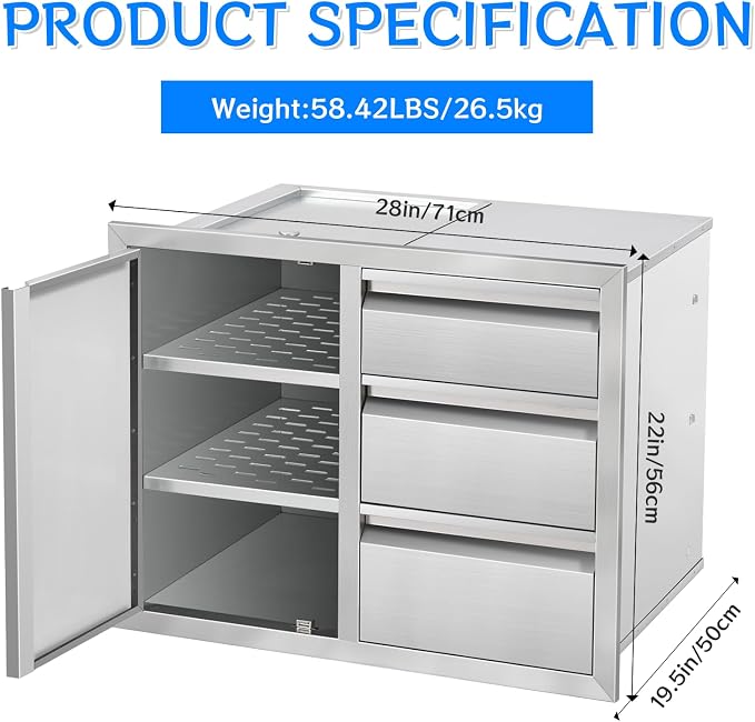 Outdoor Kitchen Drawer Combo Cabinet, Stainless Steel Triple Drawers - Image 5