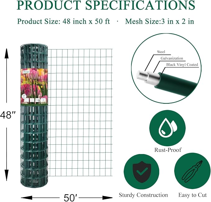 Green PVC Coated Welded Wire Fence 48 Inch x 50 Foot, 2 Inch x 3 Inch 16GA - Image 3
