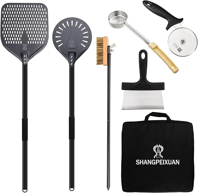 Pizza Peel Set 6 Piece with Aluminum Peels and Brass Bristle Oven Brush