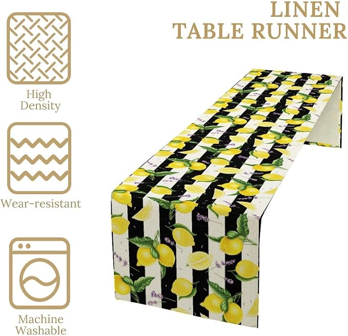 Farmhouse Lemon Fruit Table Runner Nature Aesthetic Black White Stripe Flowers - Image 7