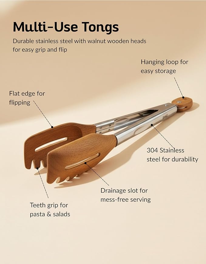 Tongs 12 Inch Walnut Wood 3-in-1 Pasta Server and Grill Tool