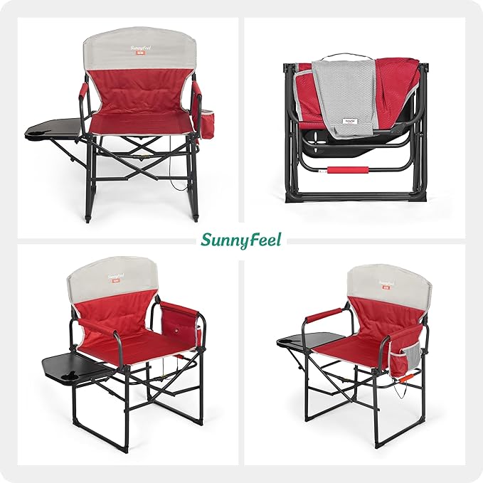 Camping Chair with USB Heated Seat, Red, Steel Frame, 300 lb Capacity