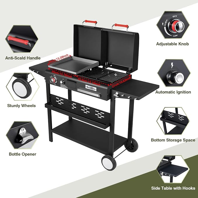 Propane Gas Griddle Charcoal Grill Combo Flat Top Griddle W/Dual Lids & 2 Side - Image 3