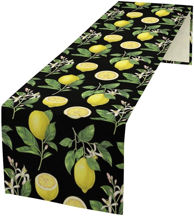 Watercolor Lemon Table Runner, Spring Summer Seasonal Green Leaves Flowers by Unknown