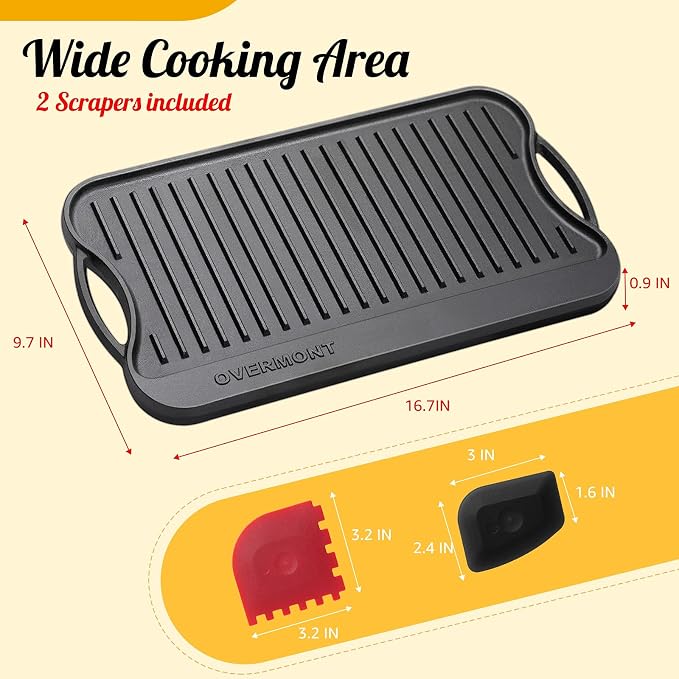 Overmont Pre-seasoned 17x9.8" Cast Iron Reversible Griddle Grill Pan - Image 7