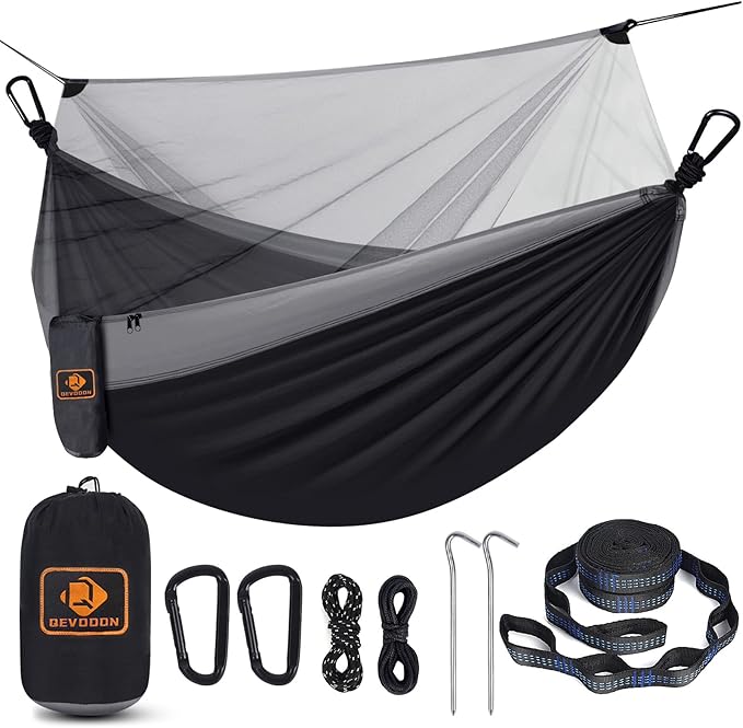 Hammock with Mesh Bug Net, Parachute Nylon, Black and Grey