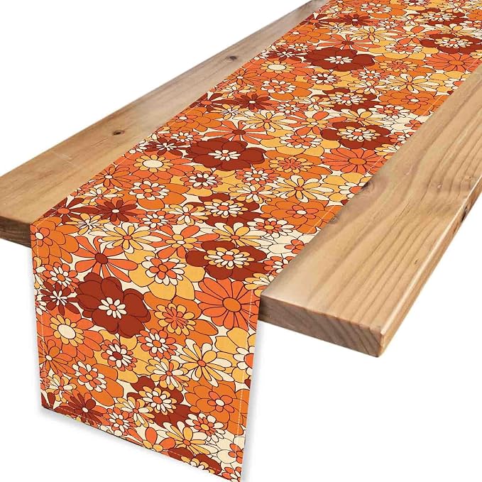 Orange Floral Table Runner, Retro Groovy 70s Hippie Floral Funky Cute Flower - Image 4