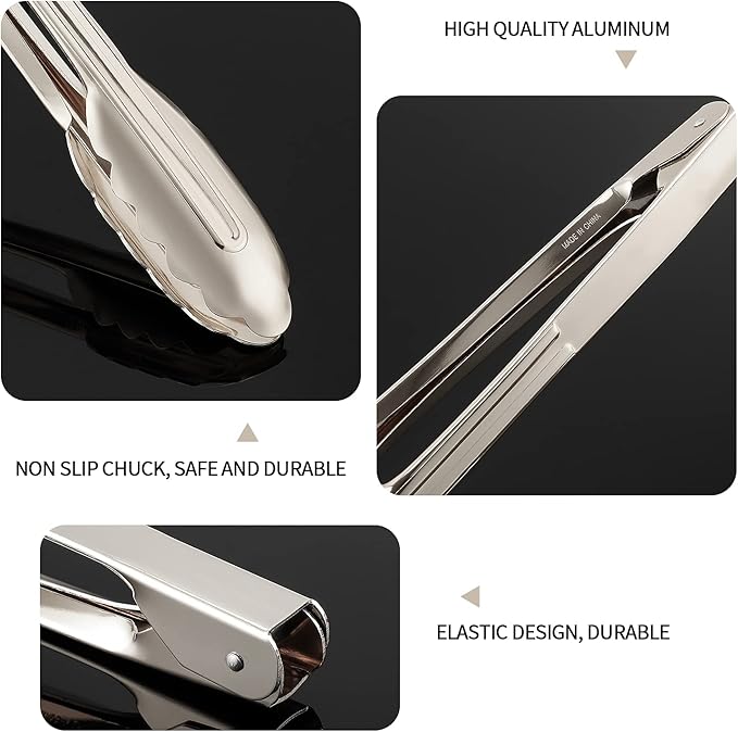 Serving Tongs 3-Pack, Silver Aluminum, 9-Inch Locking Tongs with Scalloped Tips