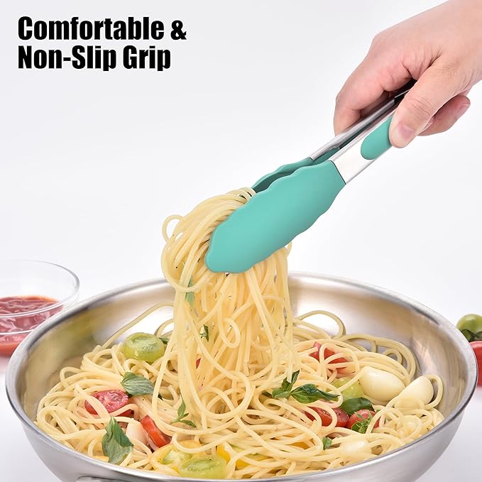 Tongs with Silicone Tips, 10.51-Inch Stainless Steel Locking Tongs, Aqua Sky