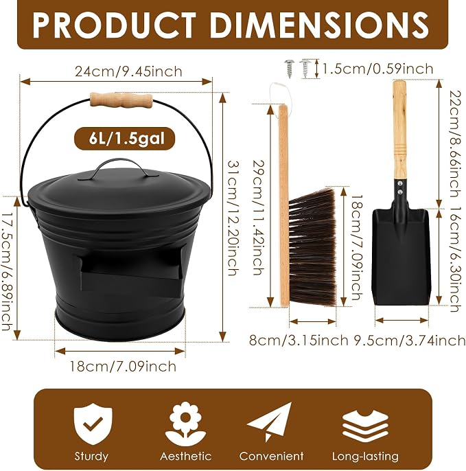 1.5 Gallon Ash Bucket with Lid and Shovel Broom Metal, Fireplace Ash Bucket - Image 2