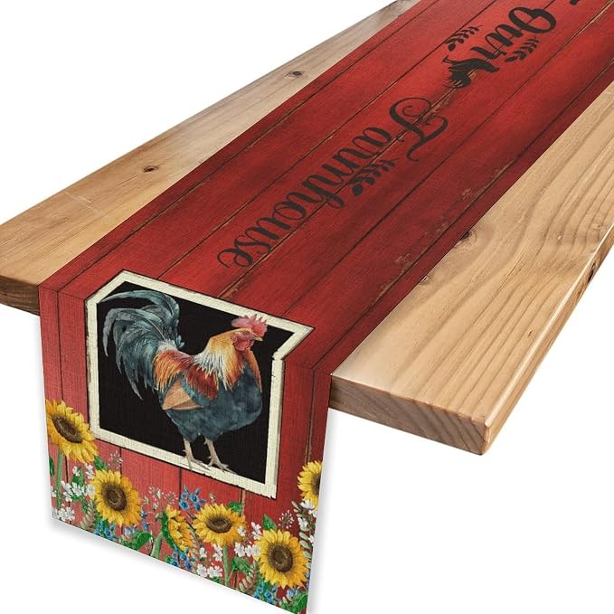 Rooster Table Runner, Farmhouse Vintage Chicken Wooden Sunflower Floral Cow Pig - Image 4
