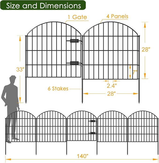 Metal Garden Fence with Gate 28in x 11.7ft, 1 Gate + 4 Panels Rustproof Border - Image 4