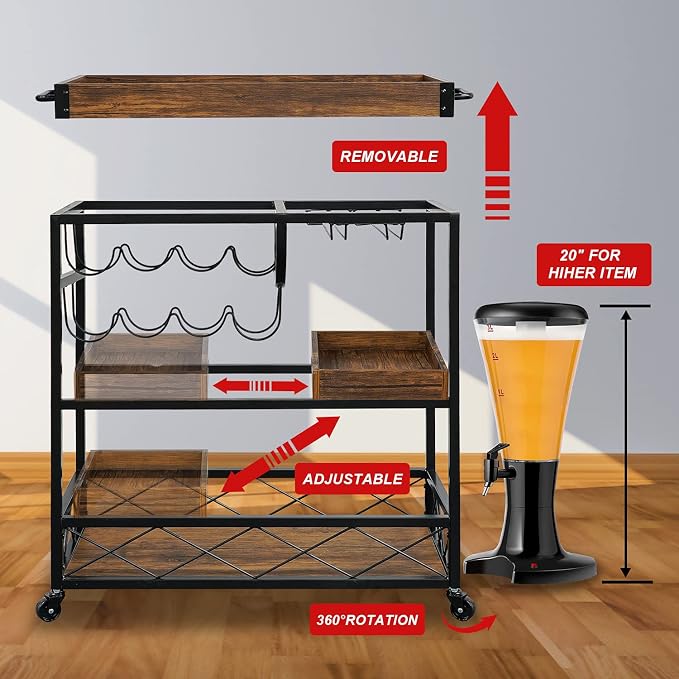 Bar Cart for The Home, 3 Tire Industrial Rolling Serving Cart on Lockable Wheels - Image 6
