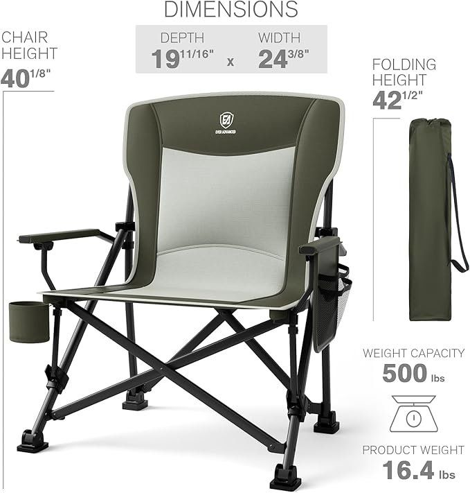 Camp Chair, Large Green Steel Frame with Swivel Cup Holder