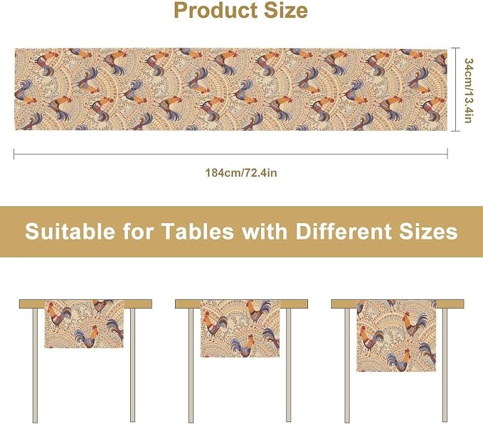Cute Roosters Table Runner, Boho Rustic Cock Chicken Vintage Arch Floral Plants - Image 8