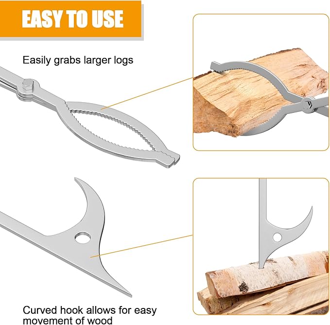 Fire Tongs 40 Inch Stainless Steel Log Grabber for Indoor and Outdoor Fires